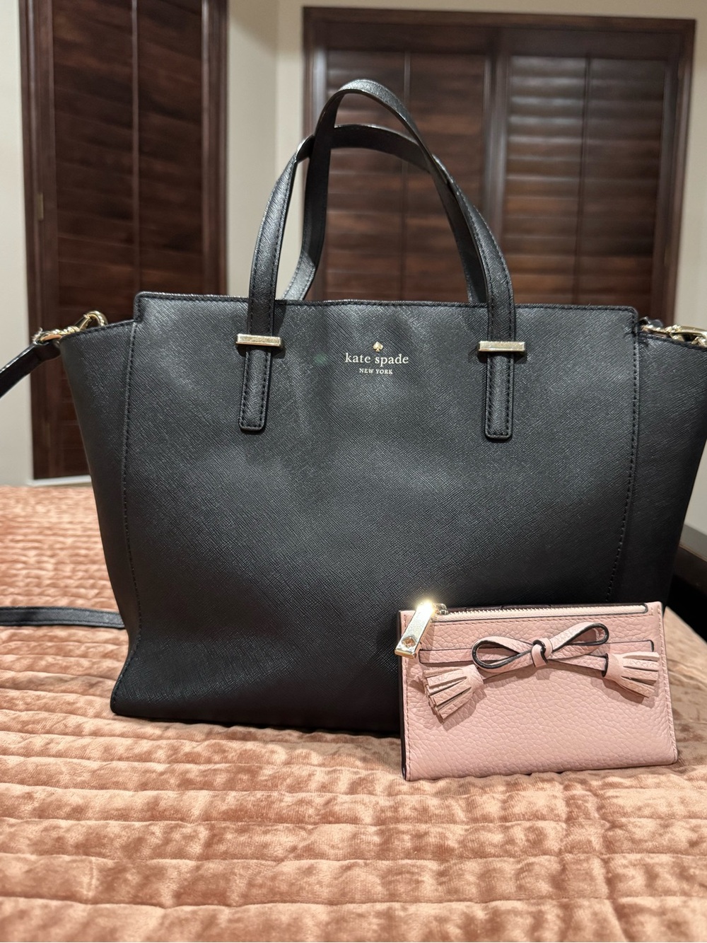 kate spade Black Leather Tote with Pink Bow Card Case